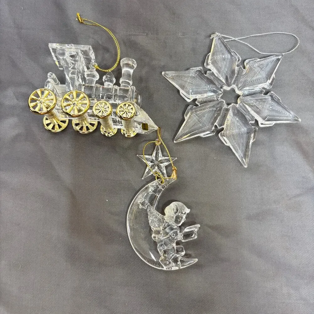 Clear Acrylic Christmas Ornament Lot of 3 Snowflake + Locomotive + Angel in Moon